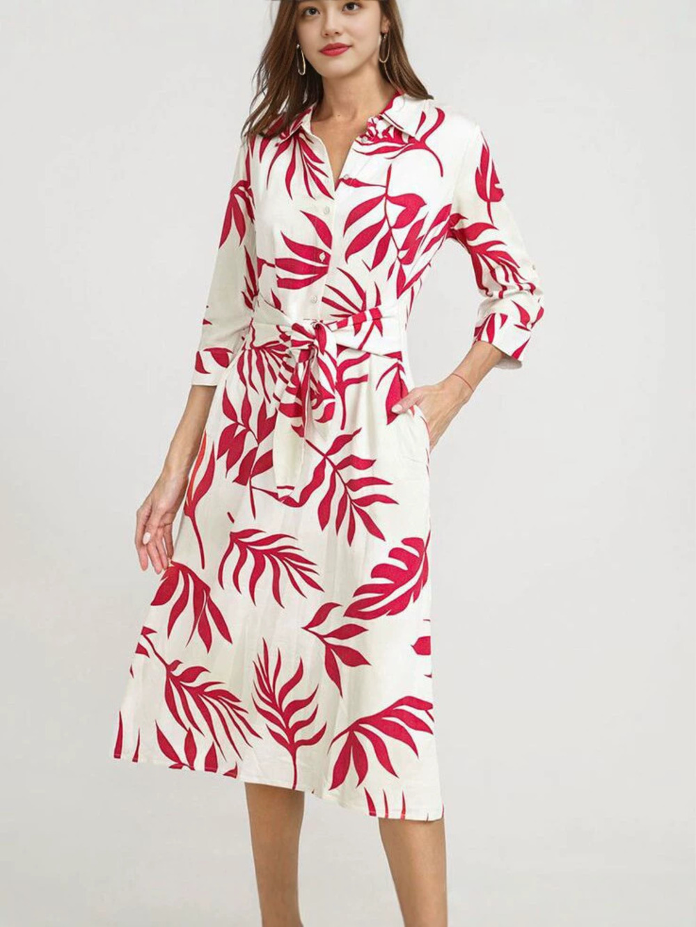 ZARA Womens Red Printed Shirt Collar Tie Waist Casual Midi Dress